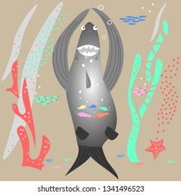 Underwater world, a big shark swallowed  flock of small fish. Flat style, hand drawn, Scandinavian style, fashionable color palette. For textile, packaging, background design.