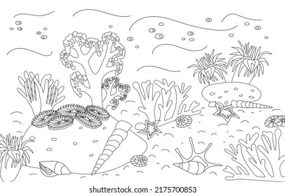  Mundo subacuático, ilustración vectorial en blanco y negro para libro de coloración
