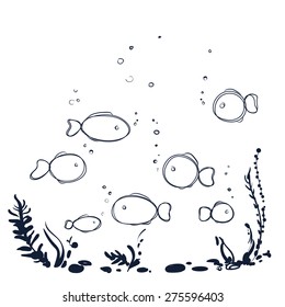 The underwater world blue silhouette with plants, fishes, shells on white background-vector illustration
