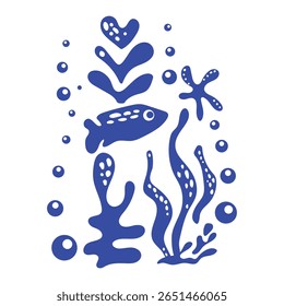 Underwater world. Blue silhouettes of sea inhabitants and algae with bubbles under water in simple style. Monochrome picture stamp with sea fish and jellyfish. Vector for stickers, textiles, postcards