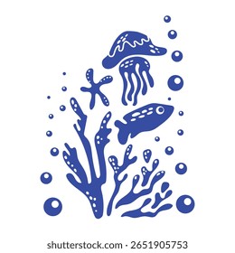 Underwater world. Blue silhouettes of sea inhabitants and algae with bubbles under water in simple style. Monochrome picture stamp with sea fish and jellyfish. Vector for stickers, textiles, postcards