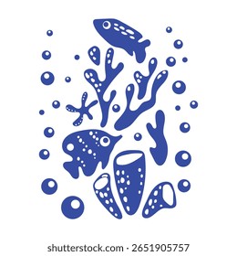 Underwater world. Blue silhouettes of sea inhabitants and algae with bubbles under water in simple style. Monochrome picture stamp with sea fish and jellyfish. Vector for stickers, textiles, postcards