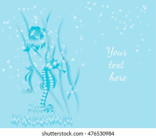 Underwater world in blue tones. Seahorse and the goldfish on the seabed. Marine theme background.
