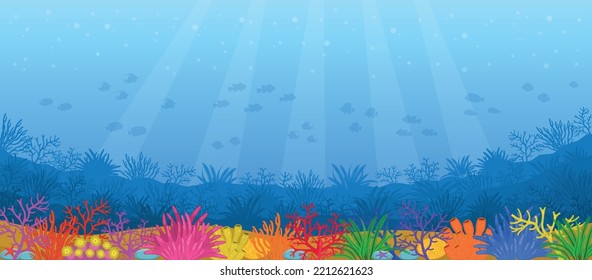 Underwater world. The bottom of the ocean with algae and fish.