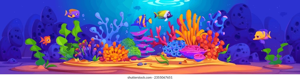 Underwater world with bright seaweeds, corals and swimming fishes in blue water. Cartoon vector illustration of ocean or aquarium bottom with aquatic creatures. Fantasy seabed with marine habitat.