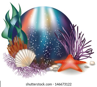 Underwater world card  with starfish, vector illustration