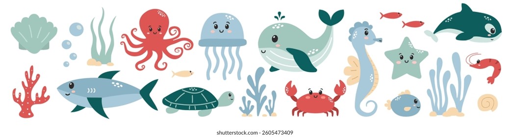 Underwater world. Cartoon underwater animal and fish characters. Marine life. Ocean exotic. Shark, whale, crab, jellyfish, turtle, octopus etc. Vector
