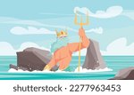 Underwater world cartoon concept with poseidon god holding trident vector illustration