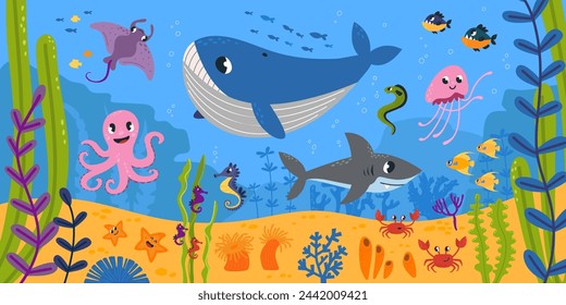 Mundo submarino. Peces de dibujos animados, ballenas y tiburones nadando en el mar. Flora y fauna oceánica, plantas, fondo arenoso con cangrejos, escena vectorial con clase