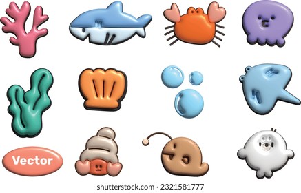 Underwater world cartoon icon set. Tropical fish, shark , whale, fish, octopus , squid ,seal, shrimp, seaweed, coral, Stingray , starfish, shell, crab ,drop of water. 3d vector  art objects