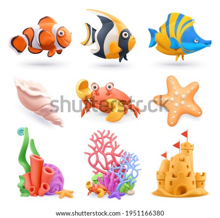 Underwater world cartoon icon set. Tropical fish, corals, sand castle, starfish, shell, crab. 3d vector plasticine art objects