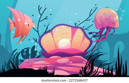 Underwater world cartoon poster with giant pearl and sea creatures vector illustration