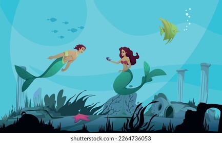 Underwater world cartoon poster with male and female mermaids vector illustration