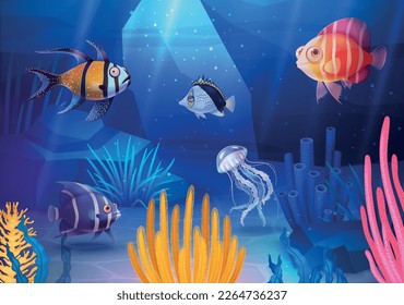Underwater world cartoon poster with sea fishes and coral reefs vector illustration