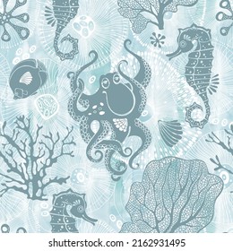 Underwater world. Cartoon seamless pattern with sea creatures and  plants. Vector illustration on a blue watercolor background. Perfect for design templates, wallpaper, wrapping, fabric and textile.