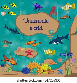 Underwater world, cartoon, text, coral reefs beneath the sea, many bright colored fishes, shell,vector illustration