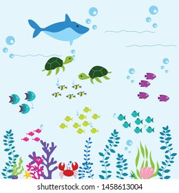 Underwater world cartoon vector illustration with fish, plants, turtle and crab 