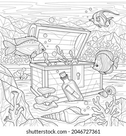 Underwater world. 
Chest and fish. Coloring book antistress for children and adults. Illustration isolated on white background.Zen-tangle style. Hand draw