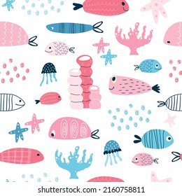 underwater world for children. Funny fish, coral, jellyfish and starfish. Seamless endless background. Baby print for clothes, textile, wallpaper, baby shower. Hand drawn vector illustration