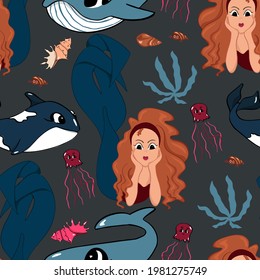 Underwater world. Children's seamless pattern. Vector illustration. Suitable for fabrics, for children's albums, postcards