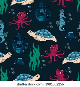 Underwater world. Children's seamless pattern. Vector illustration. Suitable for fabrics, for children's albums, postcards