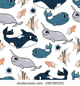 Underwater world. Children's seamless pattern. Vector illustration. Suitable for fabrics, for children's albums, postcards