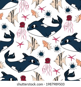 Underwater world. Children's seamless pattern. Vector illustration. Suitable for fabrics, for children's albums, postcards