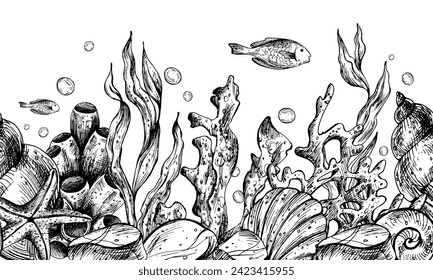 Underwater world clipart with sea animals whale, turtle, octopus, seahorse, starfish, shells, coral and algae. Graphic illustration hand drawn in black ink. Seamless border EPS vector