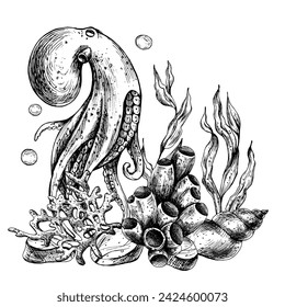 Underwater world clipart with sea animals octopus, shells, coral and algae. Graphic illustration hand drawn in black ink. Composition EPS vector.