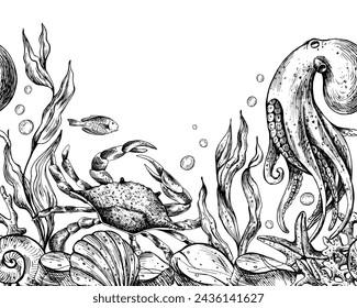 Underwater world clipart with sea animals whale, turtle, octopus, seahorse, starfish, shells, coral and algae. Graphic illustration hand drawn in black ink. Seamless border EPS vector.