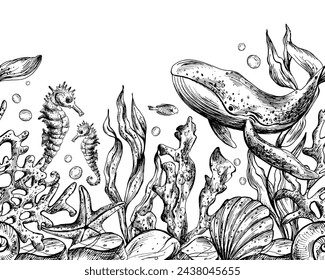 Underwater world clipart with sea animals whale, turtle, octopus, seahorse, starfish, shells, coral and algae. Graphic illustration hand drawn in black ink. Seamless border EPS vector.