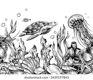 Underwater world clipart with sea animals whale, turtle, octopus, seahorse, starfish, shells, coral and algae. Graphic illustration hand drawn in black ink. Seamless border EPS vector.