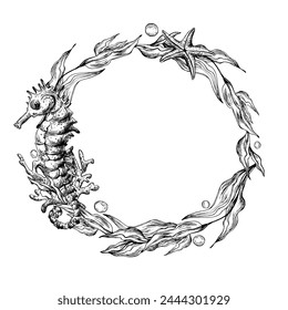 Underwater world clipart with sea animals seahorse, shells, coral and algae. Graphic illustration hand drawn in black ink. Circle wreath, frame EPS vector.