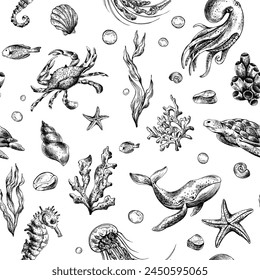 Underwater world clipart with sea animals whale, turtle, octopus, seahorse, starfish, shells, coral and algae. Graphic illustration hand drawn in black ink. Seamless pattern EPS vector.