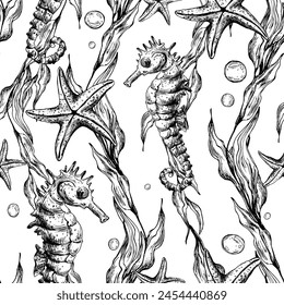 Underwater world clipart with sea animals seahorse, starfish, bubbles and algae. Graphic illustration hand drawn in black ink. Seamless pattern EPS vector.