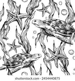Underwater world clipart with sea animals whale, turtle, octopus, seahorse, starfish, shells, coral and algae. Graphic illustration hand drawn in black ink. Seamless pattern EPS vector.