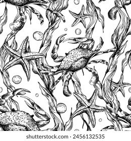 Underwater world clipart with sea animals whale, turtle, octopus, seahorse, starfish, shells, coral and algae. Graphic illustration hand drawn in black ink. Seamless pattern EPS vector.