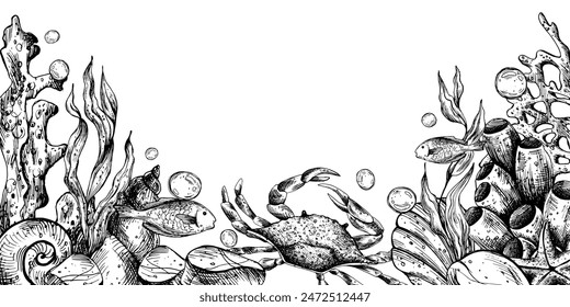 Unterwasser-Welt-Clipart mit Meerestieren Wal, Schildkröte, Oktopus, Seepferdchen, Seesterne, Muscheln, Korallen und Algen. Grafische Illustration handgezeichnet in schwarzer Tinte. Rahmen, Vorlage, Rahmen EPS-Vektorgrafik.