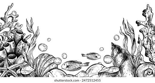 Unterwasser-Welt-Clipart mit Meerestieren Wal, Schildkröte, Oktopus, Seepferdchen, Seesterne, Muscheln, Korallen und Algen. Grafische Illustration handgezeichnet in schwarzer Tinte. Rahmen, Vorlage, Rahmen EPS-Vektorgrafik.