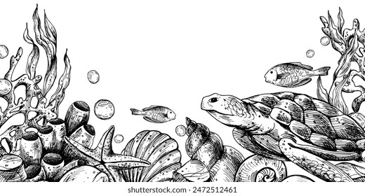 Unterwasser-Welt-Clipart mit Meerestieren Wal, Schildkröte, Oktopus, Seepferdchen, Seesterne, Muscheln, Korallen und Algen. Grafische Illustration handgezeichnet in schwarzer Tinte. Rahmen, Vorlage, Rahmen EPS-Vektorgrafik.