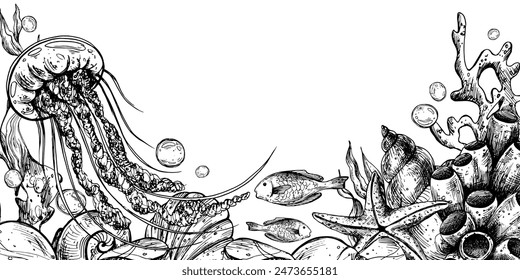 Unterwasser-Welt-Clipart mit Meerestieren Wal, Schildkröte, Oktopus, Seepferdchen, Seesterne, Muscheln, Korallen und Algen. Grafische Illustration handgezeichnet in schwarzer Tinte. Rahmen, Vorlage, Rahmen EPS-Vektorgrafik.