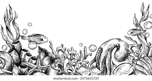 Unterwasser-Welt-Clipart mit Meerestieren Wal, Schildkröte, Oktopus, Seepferdchen, Seesterne, Muscheln, Korallen und Algen. Grafische Illustration handgezeichnet in schwarzer Tinte. Rahmen, Vorlage, Rahmen EPS-Vektorgrafik.