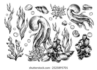 Unterwasserwelt Clipart mit Meerestieren Tintenfisch, Muscheln, Korallen und Algen. Handgezeichnete grafische Illustration mit schwarzer Tinte. Satz von isolierten Objekten, EPS-Vektor.