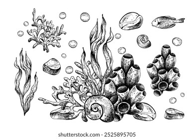 Clipart mundo subaquático com animais do mar, conchas, coral, esponja e algas. Mão de ilustração gráfica desenhada a tinta preta. Conjunto de objetos isolados do vetor EPS.