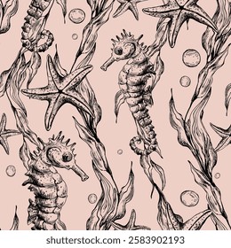 Subaquático mundo clipart com animais do mar cavalo-marinho, estrelas-do-mar, bolhas e algas. Mão de ilustração gráfica desenhada a tinta preta. Vetor EPS de padrão contínuo em um fundo de coral.