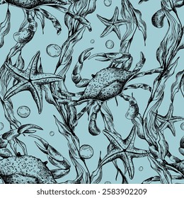 Underwater world clipart with sea animals whale, turtle, octopus, seahorse, starfish, shells, coral and algae. Graphic illustration hand drawn in black ink. Seamless pattern EPS vector on a green