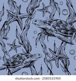Subaquático mundo clipart com animais do mar baleia, tartaruga, polvo, cavalo-marinho, estrela-do-mar, conchas, coral e algas. Mão de ilustração gráfica desenhada a tinta preta. Vetor EPS padrão contínuo em um azul