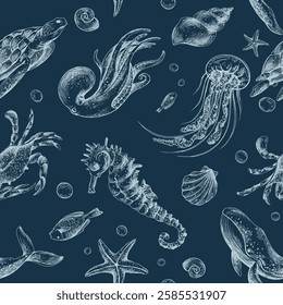 Subaquático mundo clipart com animais do mar baleia, tartaruga, polvo, cavalo-marinho, estrela-do-mar, conchas, coral e algas. Imagem gráfica desenhada à mão. Vetor EPS de padrão contínuo em um plano de fundo azul