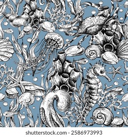 Underwater world clipart with sea animals whale, turtle, octopus, seahorse, starfish, shells, coral and algae. Graphic illustration hand drawn in black ink. Seamless pattern EPS vector on a blue