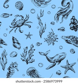 Underwater world clipart with sea animals whale, turtle, octopus, seahorse, starfish, shells, coral and algae. Graphic illustration hand drawn in black ink. Seamless pattern EPS vector on a blue